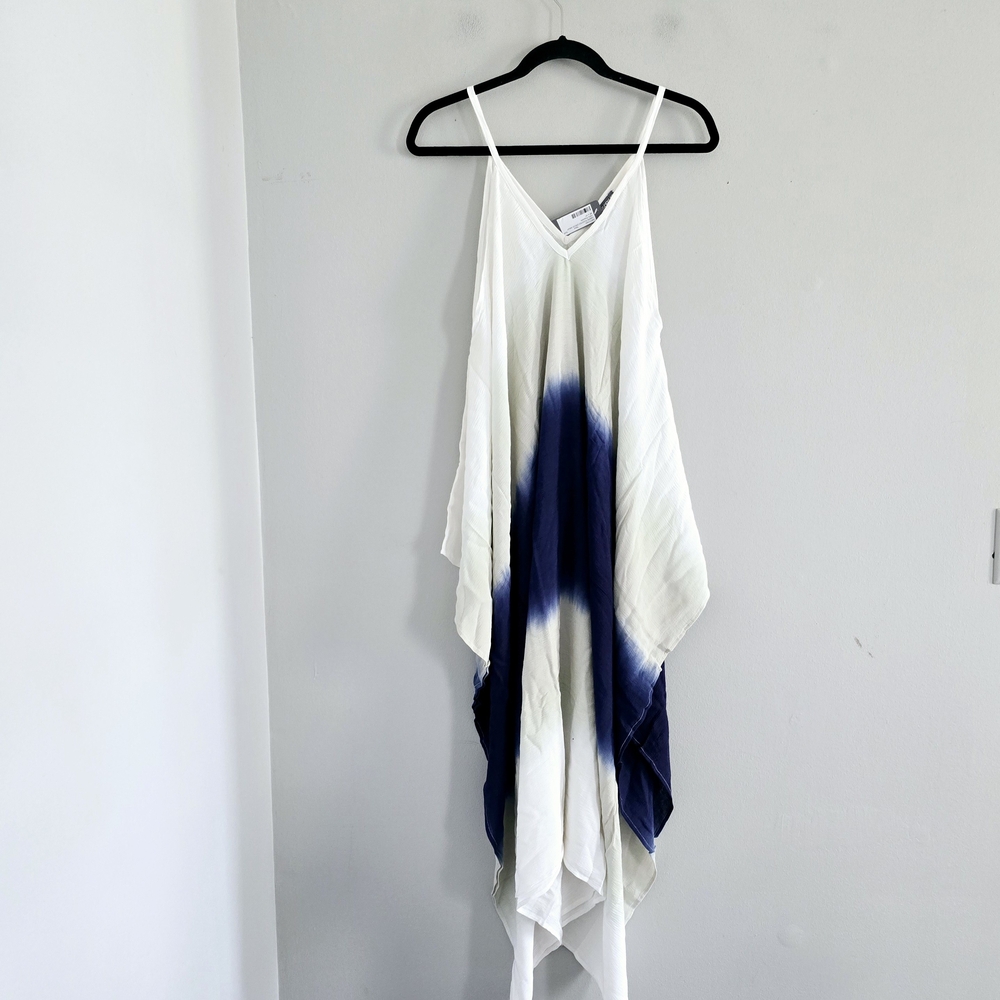White and Navy Tie-Dye Maxi Dress Swim Coverup Lightweight Spaghetti Strap New